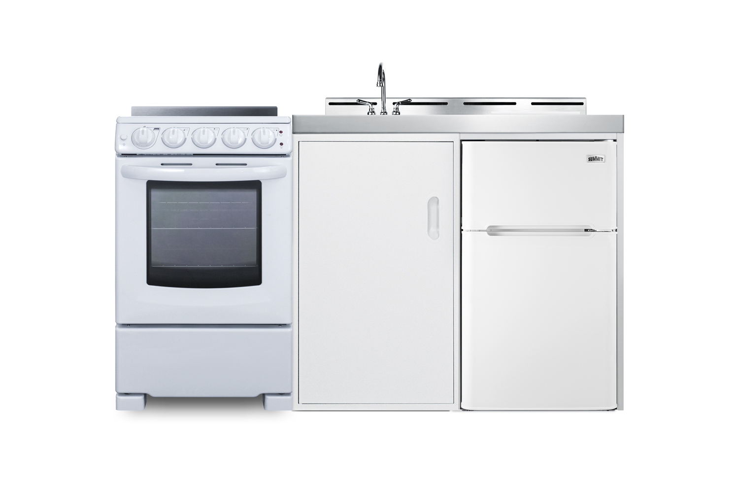 60 inch wide all-in-one kitchenette with 4-burner 220V smooth-top electric range, refrigerator-freezer sink, cutting board and cutlery storage, and a storage cabinet